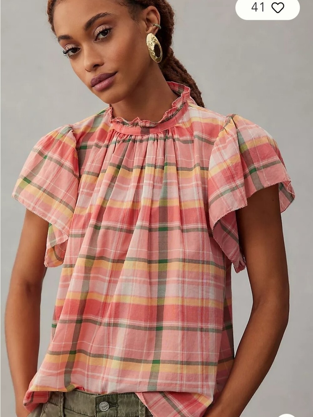 TROVATA Plaid Ruffle-Neck Flutter Sleeve Top - Pink Multi NEW Small